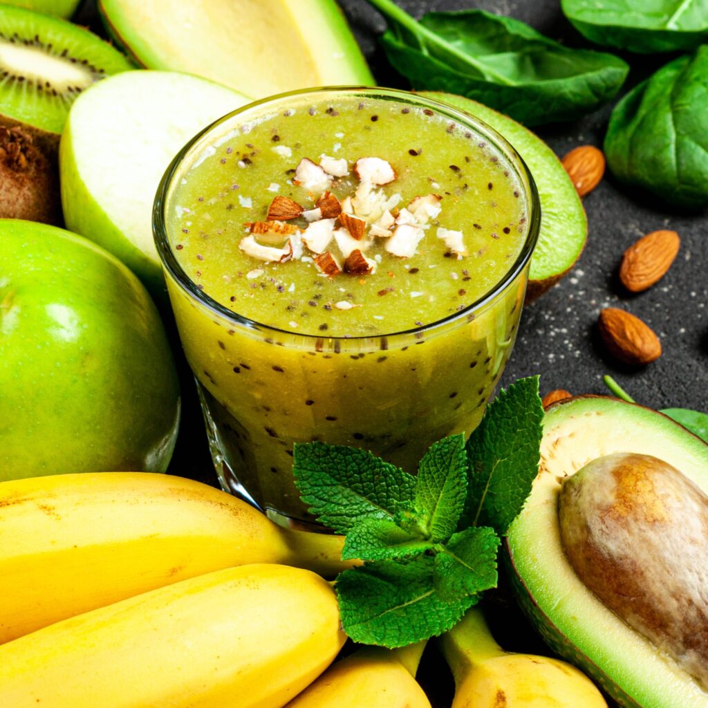 Green smoothie you would have at a retreat with chia seeds and fresh fruit from Costa Rica.