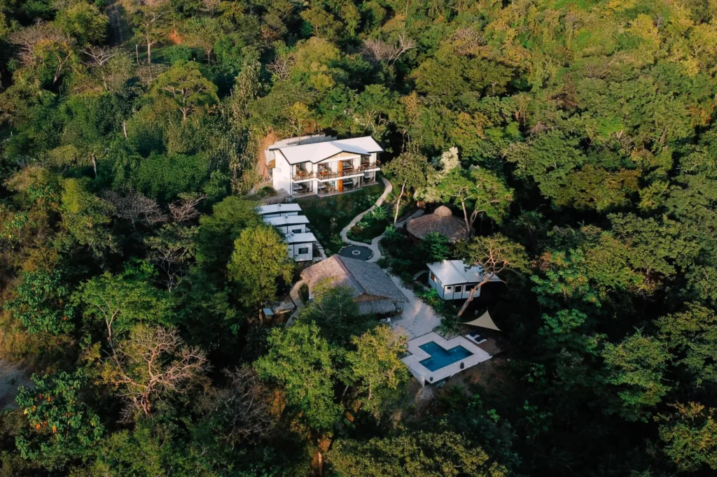 A drone shot of Ananda Lodge nestled in the Costa Rican Jungle.