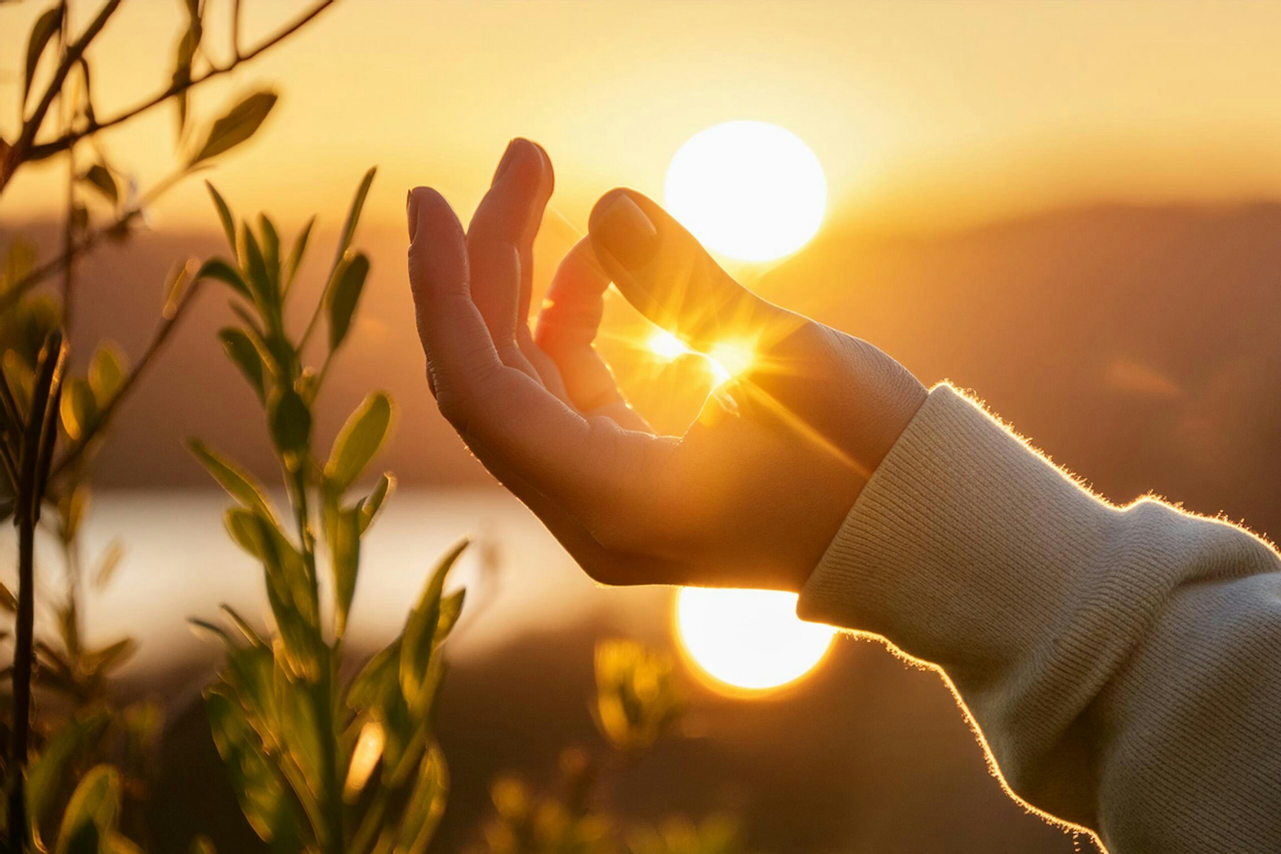 A women holding her hand in front of the sun before her somatic healing retreat.
